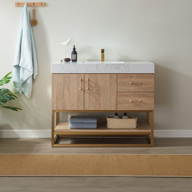Vinnova Alistair 42" Single Vanity in North American Oak with White Grain Stone Countertop Without Mirror