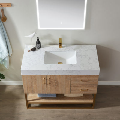Vinnova Alistair 42" Single Vanity in North American Oak with White Grain Stone Countertop With Mirror