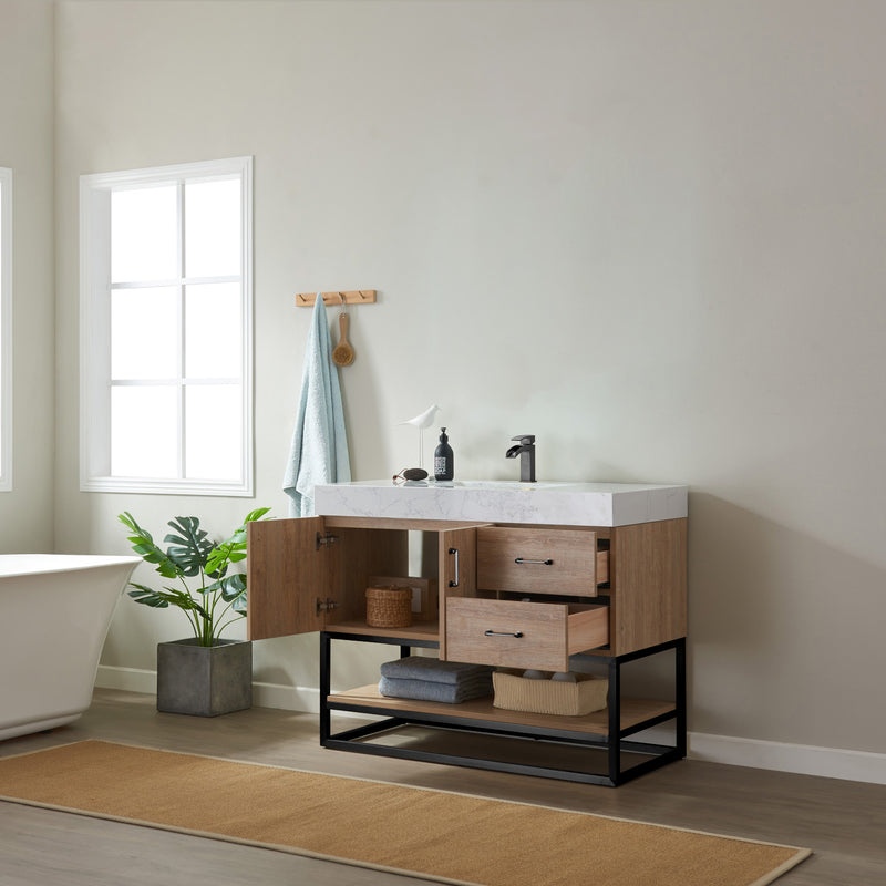 Vinnova Alistair 42B" Single Vanity in North American Oak with White Grain Stone Countertop Without Mirror