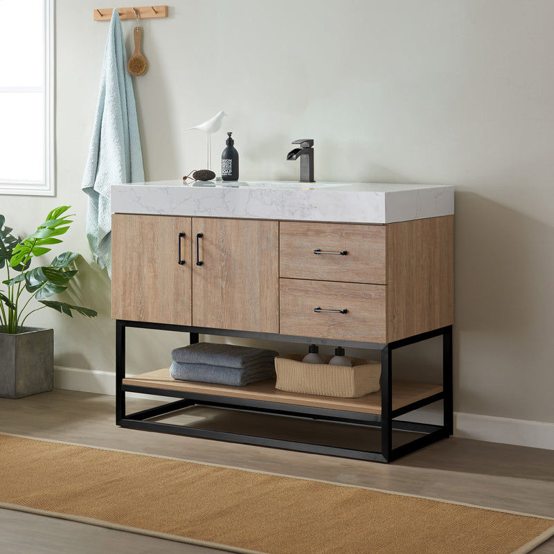 Vinnova Alistair 42B" Single Vanity in North American Oak with White Grain Stone Countertop Without Mirror