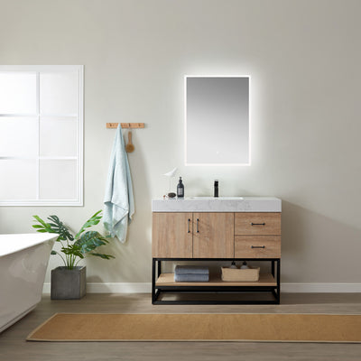 Vinnova Alistair 42B" Single Vanity in North American Oak with White Grain Stone Countertop With Mirror