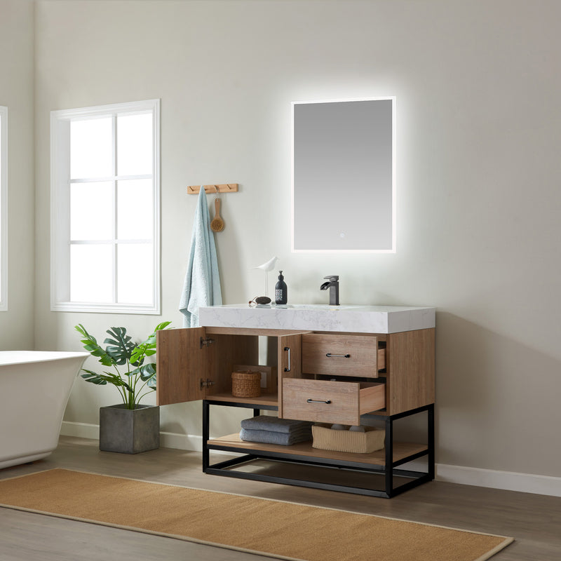 Vinnova Alistair 42B" Single Vanity in North American Oak with White Grain Stone Countertop With Mirror