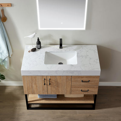 Vinnova Alistair 42B" Single Vanity in North American Oak with White Grain Stone Countertop With Mirror