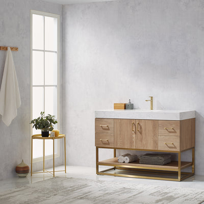 Vinnova Alistair 48" Single Vanity in North American Oak with White Grain Stone Countertop Without Mirror