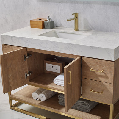 Vinnova Alistair 48" Single Vanity in North American Oak with White Grain Stone Countertop Without Mirror