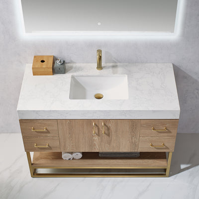 Vinnova Alistair 48" Single Vanity in North American Oak with White Grain Stone Countertop With Mirror