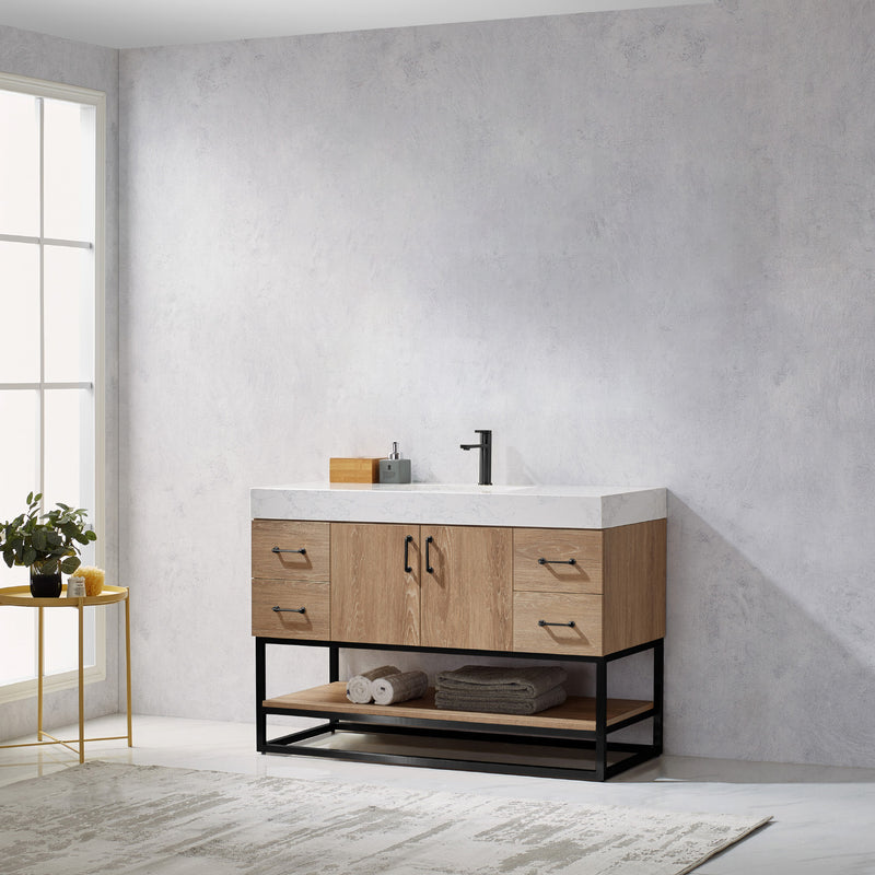 Vinnova Alistair 48B" Single Vanity in North American Oak with White Grain Stone Countertop Without Mirror
