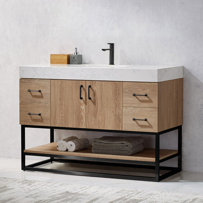 Vinnova Alistair 48B" Single Vanity in North American Oak with White Grain Stone Countertop Without Mirror