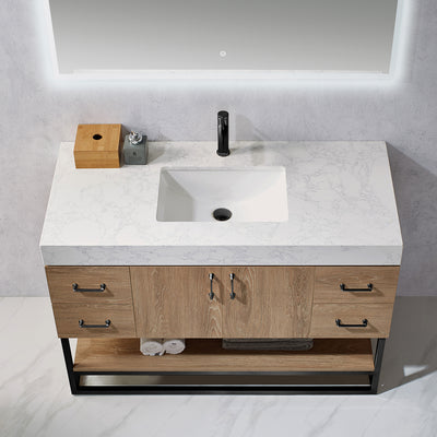 Vinnova Alistair 48B" Single Vanity in North American Oak with White Grain Stone Countertop With Mirror
