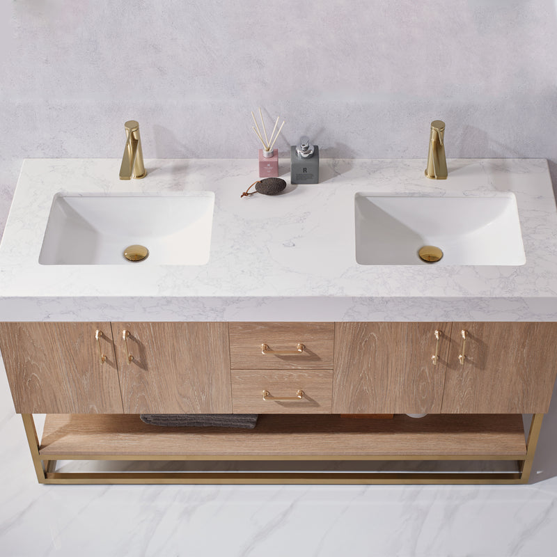 Vinnova Alistair 60" Double Vanity in North American Oak with White Grain Stone Countertop Without Mirror