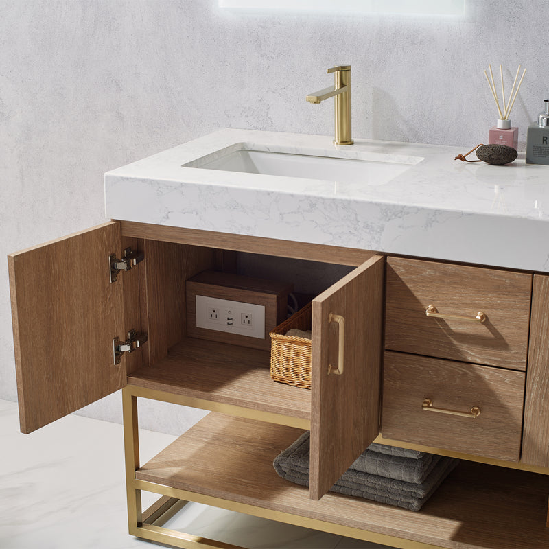 Vinnova Alistair 60" Double Vanity in North American Oak with White Grain Stone Countertop Without Mirror