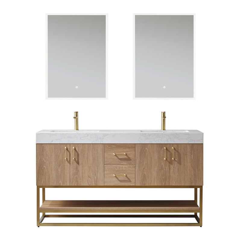 Vinnova Alistair 60" Double Vanity in North American Oak with White Grain Stone Countertop With Mirror
