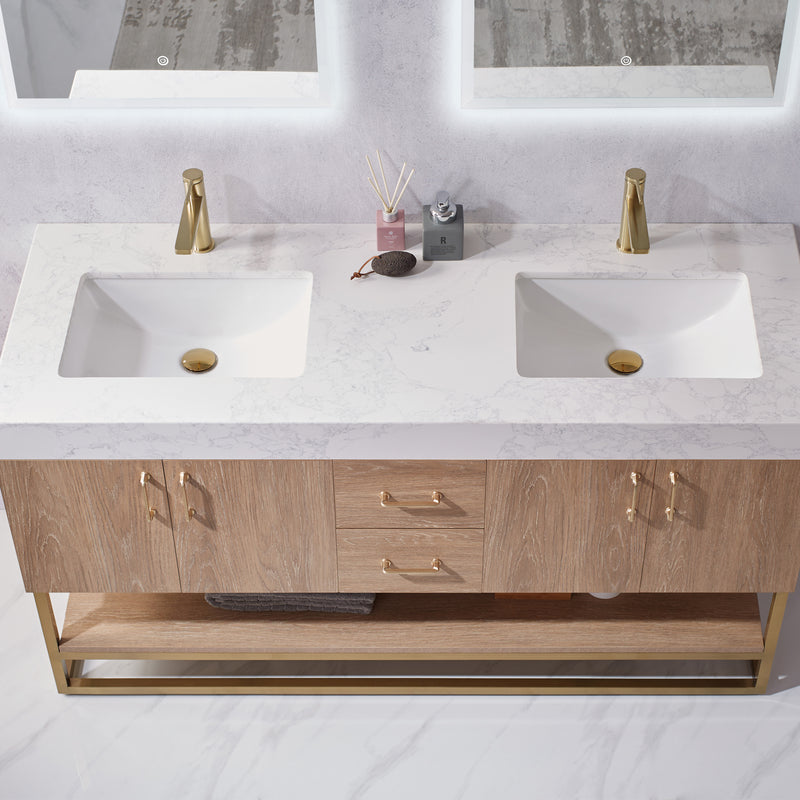 Vinnova Alistair 60" Double Vanity in North American Oak with White Grain Stone Countertop With Mirror