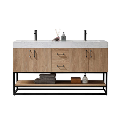 Vinnova Alistair 60B" Double Vanity in North American Oak with White Grain Stone Countertop Without Mirror