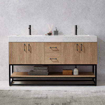 Vinnova Alistair 60B" Double Vanity in North American Oak with White Grain Stone Countertop Without Mirror