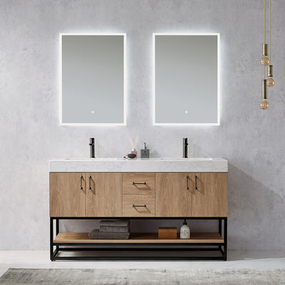 Vinnova Alistair 60B" Double Vanity in North American Oak with White Grain Stone Countertop With Mirror