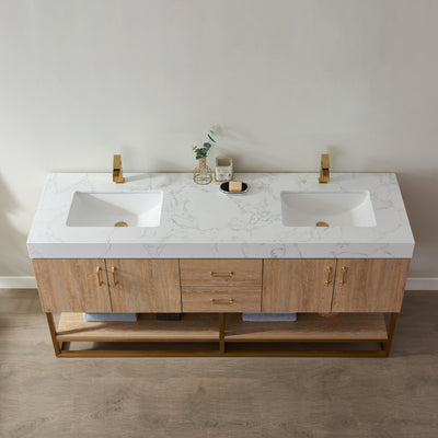 Vinnova Alistair 72" Double Vanity in North American Oak with White Grain Stone Countertop Without Mirror