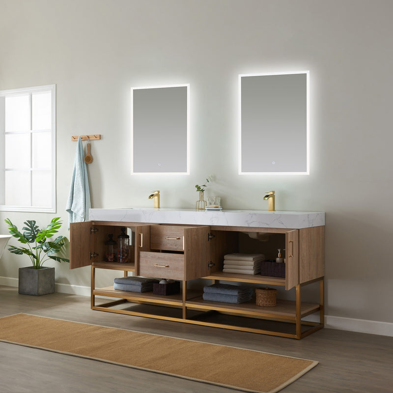 Vinnova Alistair 72" Double Vanity in North American Oak with White Grain Stone Countertop With Mirror