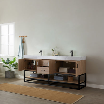 Vinnova Alistair 72B" Double Vanity in North American Oak with White Grain Stone Countertop Without Mirror