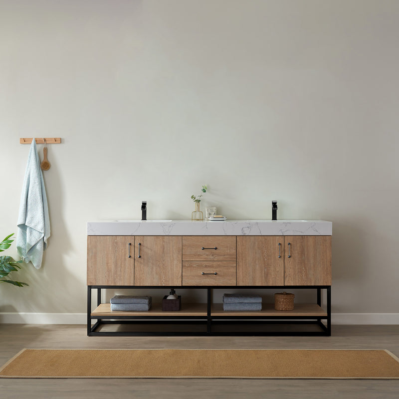 Vinnova Alistair 72B" Double Vanity in North American Oak with White Grain Stone Countertop Without Mirror