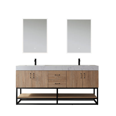 Vinnova Alistair 72B" Double Vanity in North American Oak with White Grain Stone Countertop With Mirror