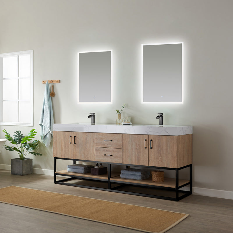 Vinnova Alistair 72B" Double Vanity in North American Oak with White Grain Stone Countertop With Mirror