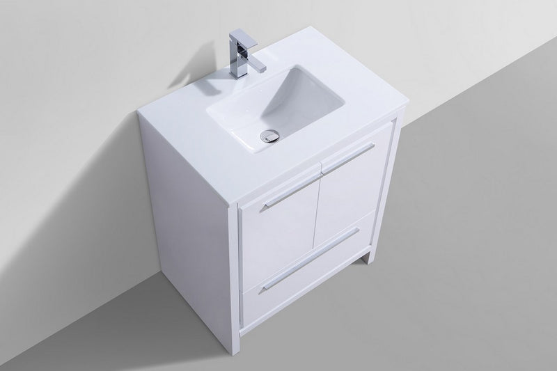 KubeBath Dolce 30_ High Gloss White Modern Bathroom Vanity with White Quartz Counter-Top