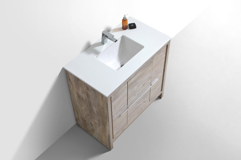 KubeBath Dolce 36" Nature Wood  Modern Bathroom Vanity with White Quartz Counter-Top