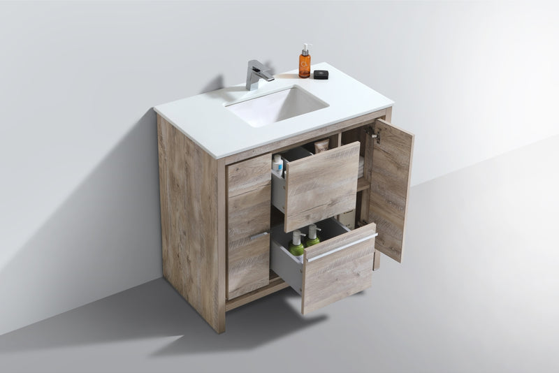 KubeBath Dolce 36" Nature Wood  Modern Bathroom Vanity with White Quartz Counter-Top