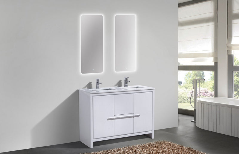 KubeBath Dolce 48_ Double Sink High Gloss White Modern Bathroom Vanity with White Quartz Counter-Top