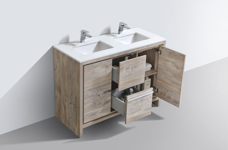 KubeBath Dolce 48_ Double Sink Nature Wood  Modern Bathroom Vanity with White Quartz Counter-Top