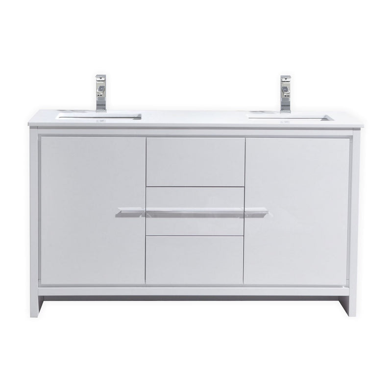 KubeBath Dolce 60_ Double Sink High Gloss White Modern Bathroom Vanity with White Quartz Counter-Top
