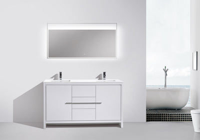 KubeBath Dolce 60_ Double Sink High Gloss White Modern Bathroom Vanity with White Quartz Counter-Top