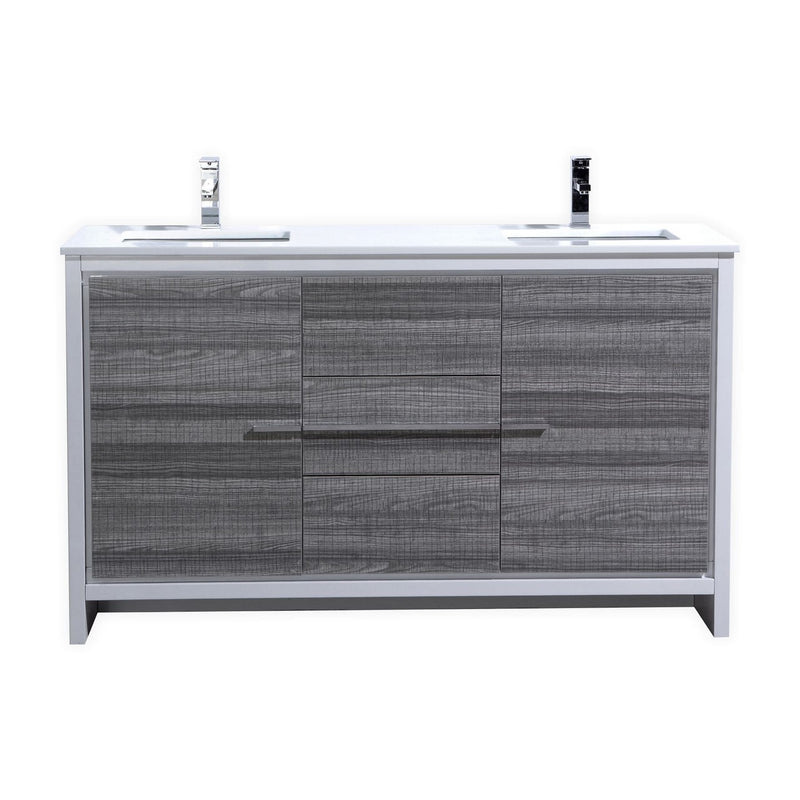KubeBath Dolce 60_ Double Sink Ash Gray Modern Bathroom Vanity with White Quartz Counter-Top