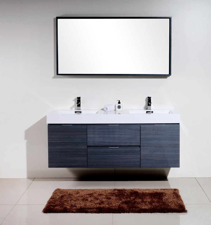 Bliss 60" Double Sink Gray Oak Wall Mount Modern Bathroom Vanity
