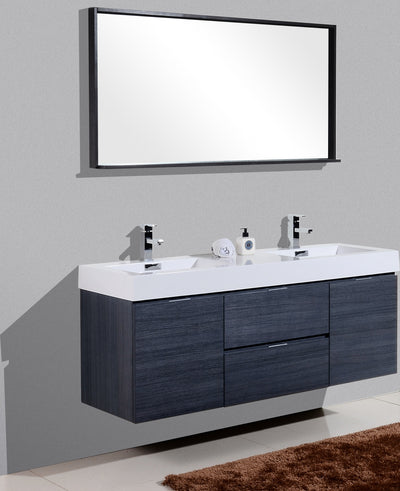 Bliss 60" Double Sink Gray Oak Wall Mount Modern Bathroom Vanity