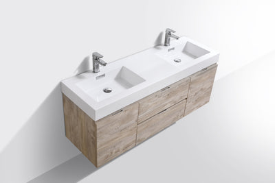 KubeBath Bliss 60" Double  Sink Nature Wood Wall Mount Modern Bathroom Vanity
