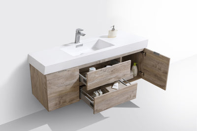 Bliss 60" Single Sink Nature Wood Wall Mount Modern Bathroom Vanity