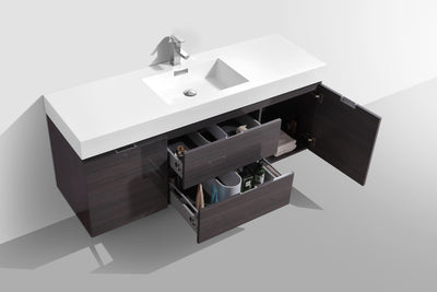 KubeBath Bliss 60" Single Sink High Gloss Gray Oak Wall Mount Modern Bathroom Vanity