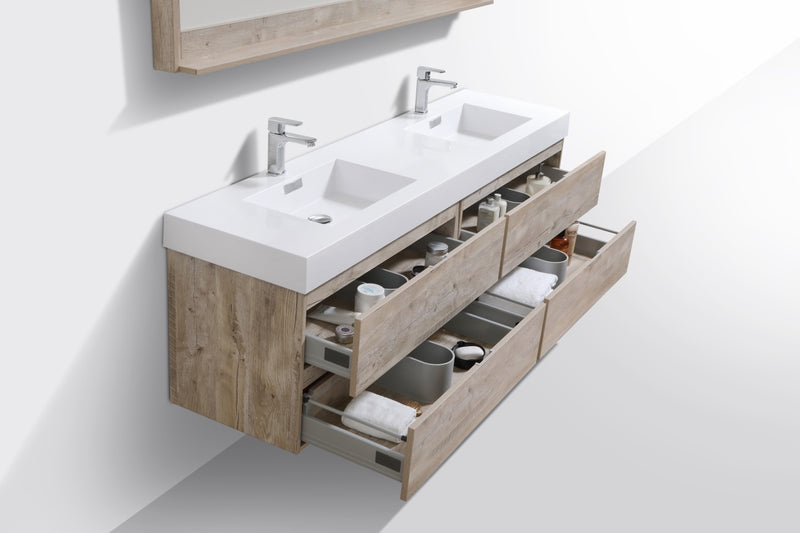 KubeBath Bliss 72" Double Sink Nature Wood Wall Mount Modern Bathroom Vanity