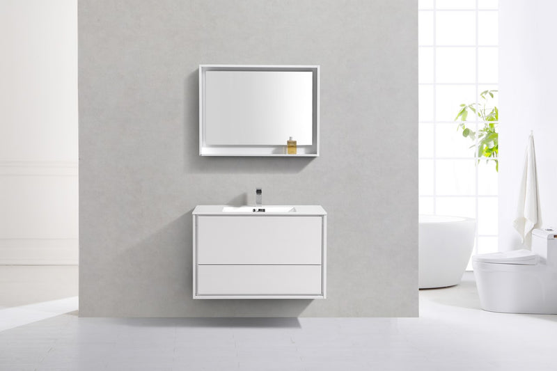DeLusso 36" High Glossy White Wall Mount Modern Bathroom Vanity