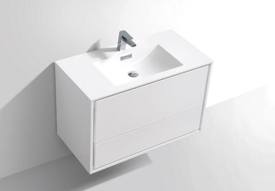 DeLusso 36" High Glossy White Wall Mount Modern Bathroom Vanity