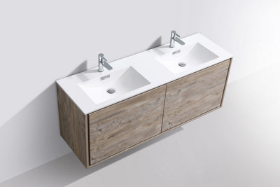 DeLusso 60" Double Sink Nature Wood Wall Mount Modern Bathroom Vanity