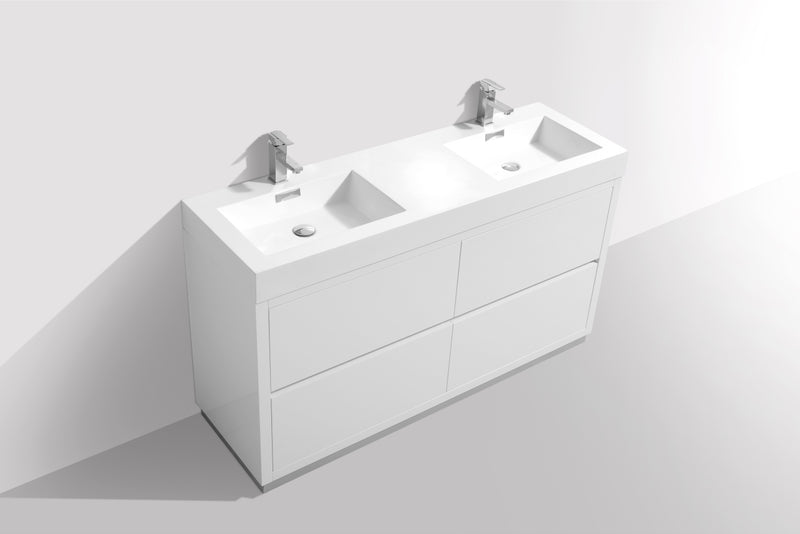 KubeBath Bliss 60" Double Sink High Gloss White Free Standing Modern Bathroom Vanity