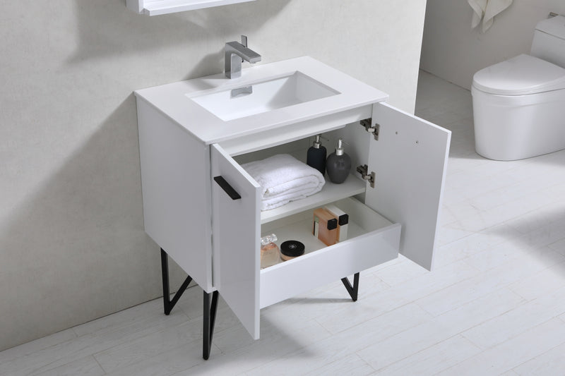 KubeBath Bosco 30" Modern Bathroom Vanity w/ Quartz Countertop and Matching Mirror