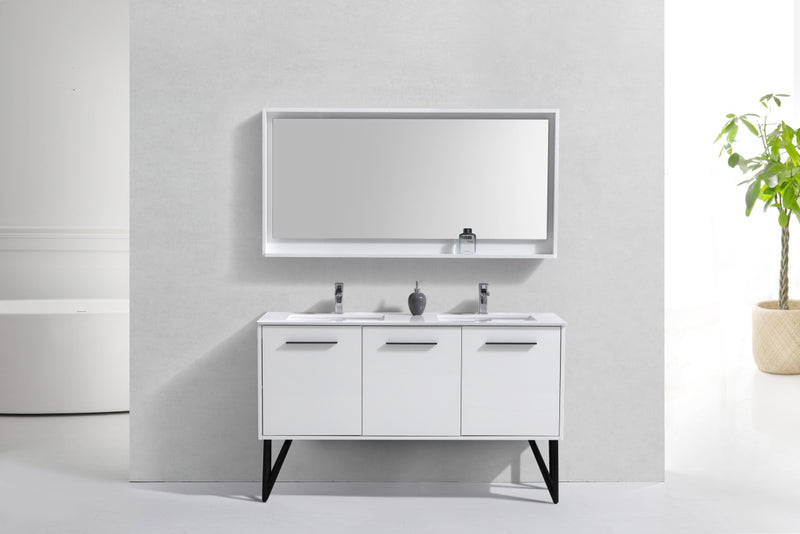 KubeBath Bosco 60" Double Sink Modern Bathroom Vanity w/ Quartz Countertop and Matching Mirror