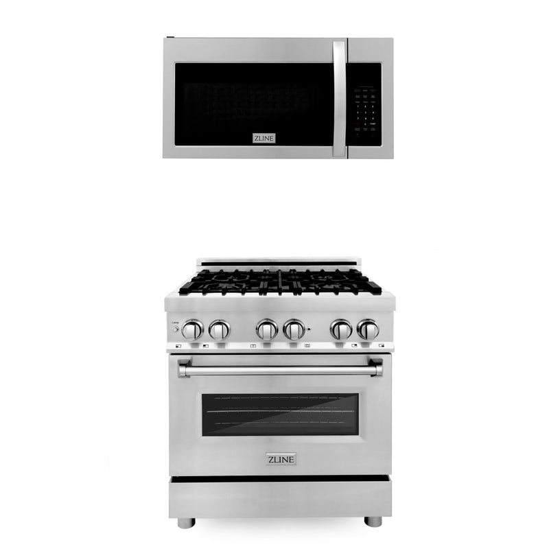 ZLINE 30" Kitchen Package with Stainless Steel Dual Fuel Range and Over The Range Microwave with Modern Handle (2KP-RAOTR30)