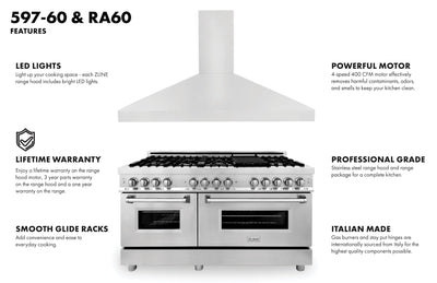 ZLINE 60" Kitchen Package with Stainless Steel Dual Fuel Range and Convertible Vent Range Hood (2KP-RARH60)