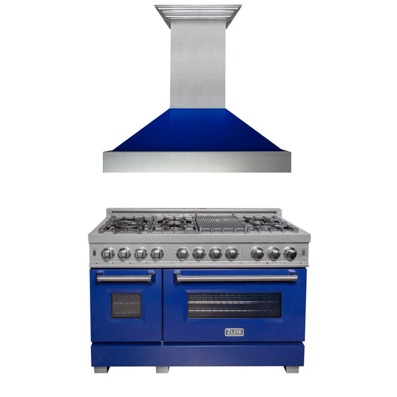 ZLINE 48" Kitchen Package with DuraSnow® Stainless Steel Dual Fuel Range with Blue Gloss Door and Convertible Vent Range Hood (2KP-RASBGRH48)