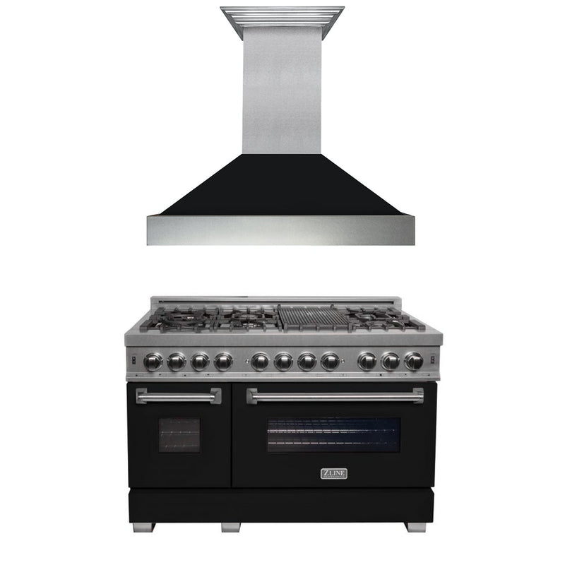 ZLINE 48" Kitchen Package with DuraSnow® Stainless Steel Dual Fuel Range with Black Matte Door and Convertible Vent Range Hood (2KP-RASBLMRH48)